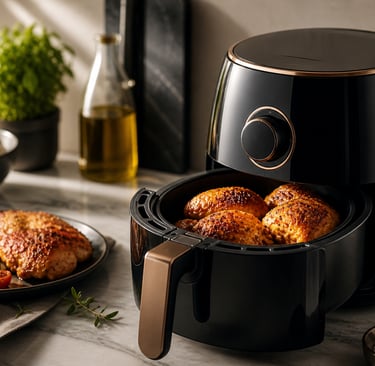 Modern air fryer cooking crispy chicken in a premium kitchen setting 