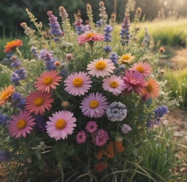 A delicate floral arrangement with soft pastel colors framing a massage therapy setting.