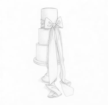 a drawing of cake with a bow 