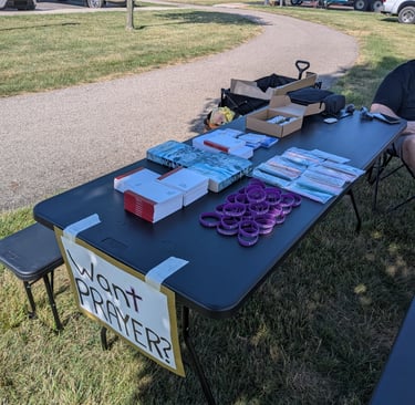 We bring bibles, anointing oil, and several other free items during evangelism