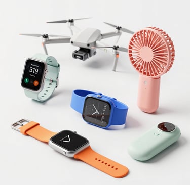 Sleek modern electronics including headphones, a tablet, and a smart speaker on a wooden desk