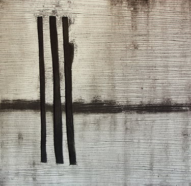 Minimalist abstract painting with black vertical bars and textured horizontal lines on a neutral canvas.