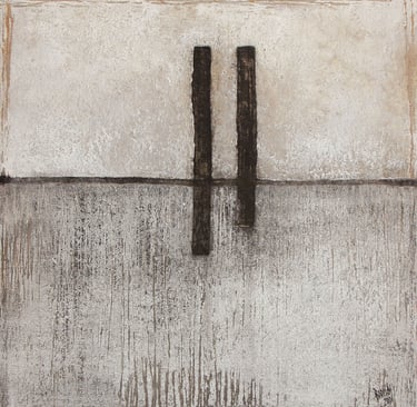 Abstract minimalist art featuring two dark vertical bars on a textured beige and grey background.