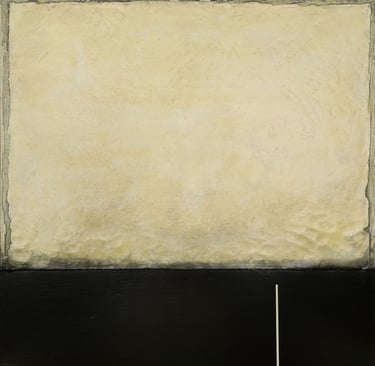 Abstract minimalist painting with a textured beige upper field and a solid black lower section.