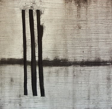 Abstract minimalist art painting with black vertical lines and textured horizontal patterns.