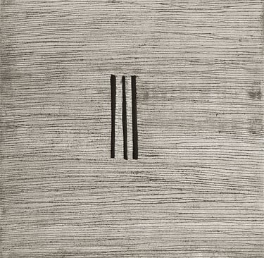 Minimalist abstract art featuring three black vertical stripes on a textured beige canvas with fine horizontal lines.