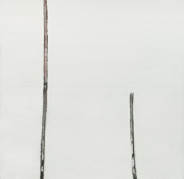 Minimalist abstract art featuring two vertical charcoal lines on a textured white canvas.