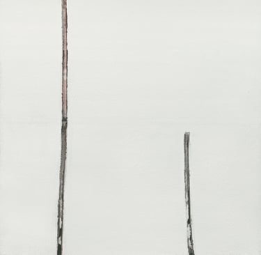 Minimalist abstract art with two vertical black and brown lines on a textured white background.