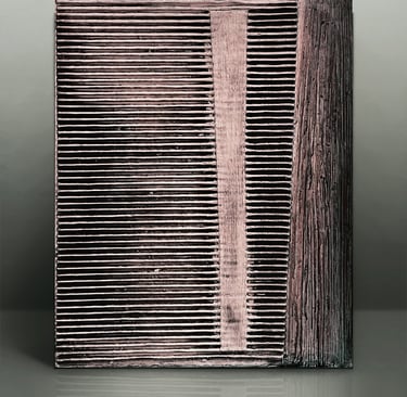 Textured metallic bronze abstract wall art with horizontal ridges and vertical geometric patterns.