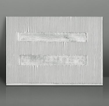White textured canvas art with vertical ridges and two horizontal rectangular panels.