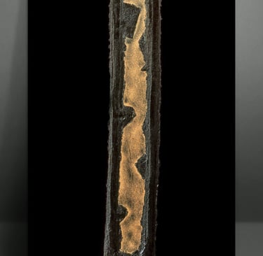 Vertical abstract mixed media art featuring textured gold leaf on a dark rectangular canvas.