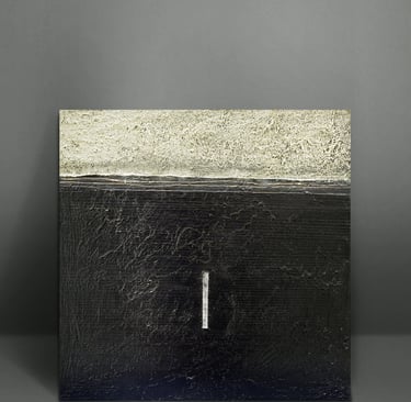 Textured abstract painting featuring a black and gold landscape with a vertical white line.