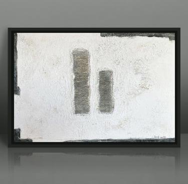 Framed minimalist abstract wall art featuring textured grey vertical bars on a white background.