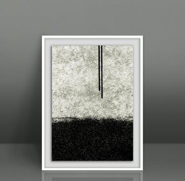 Minimalist black and white abstract wall art in a white frame, featuring a stippled landscape design.