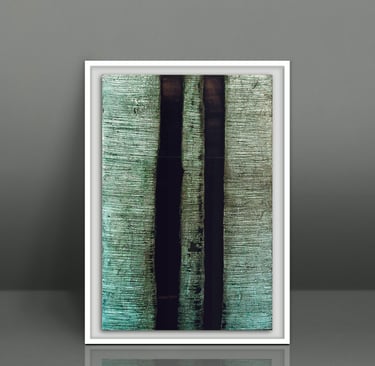 Framed abstract art print with textured teal and dark vertical stripes.