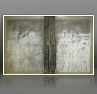 Minimalist abstract diptych painting with textured grey, white, and gold metallic accents.