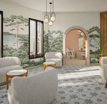 Modern lounge with nature mural wallpaper, white armchairs, and patterned tile flooring.