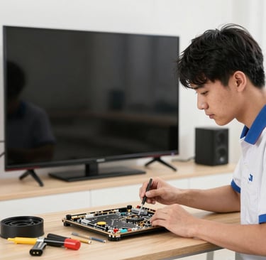 Close-up of a technician’s hands adjusting the internal components of a Hisense Android TV.
