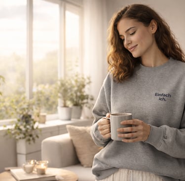 Junge Frau im grauen „Einfach ich.“ Sweatshirt mit Stickerei steht im hellen Wohnzimmer am Fenster
