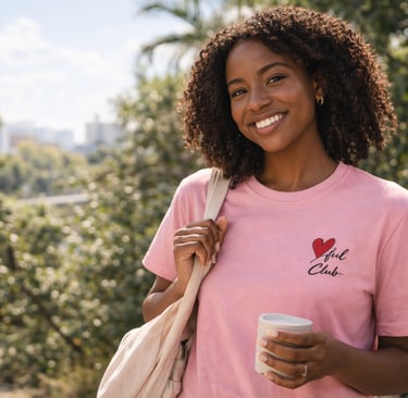 Junge schwarze Frau im rosa Heartful Club T-Shirt mit Stickerei lächelt draußen im warmen Tageslicht