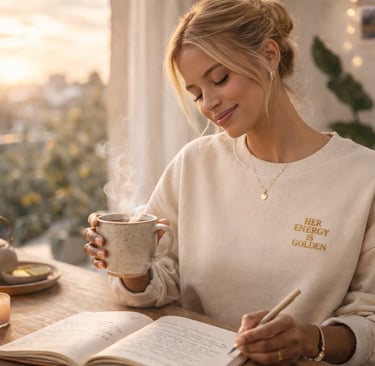 Blonde Frau schreibt morgens in ihr Journal und trägt einen beigen „Her Energy Is Golden“ Sweatshirt
