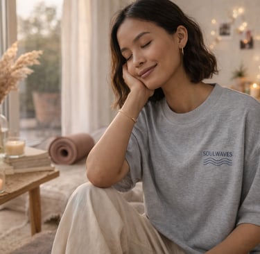 Frau im Soulwaves Oversized Bio T-Shirt in ruhiger Atmosphäre bei warmem Morgenlicht