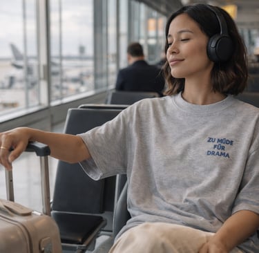 Frau trägt „Zu müde für Drama“ Oversized Bio T-Shirt in Heather Grey im Flughafen-Terminal