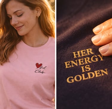 Frau trägt rosa Statement T-Shirt mit Herz-Stickerei „Soul Club“ und Detailaufnahme 