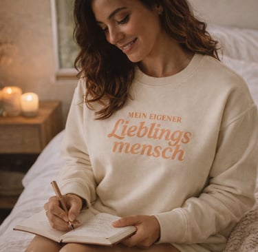 Frau trägt beiges Sweatshirt mit Statement „Mein eigener Lieblingsmensch“ 
