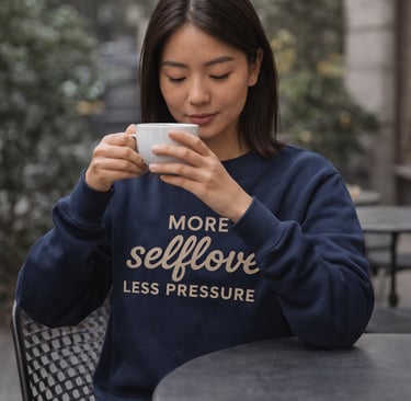 Frau mit navy Sweatshirt „More selflove less pressure“ sitzt entspannt mit Kaffee im Café