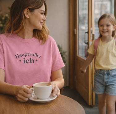 Frau im Café trägt ein pinkes „Hauptrolle: ich“T-Shirt, während ihr jüngeres Ich zur Tür hereinkommt