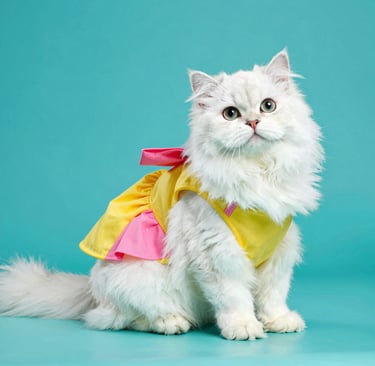 Gato persa blanco y esponjoso que lleva un vestido para mascotas amarillo y rosa.