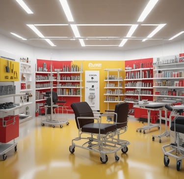 Image of rehabilitation equipment including walkers and therapy bands.