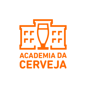Orange Academia da Cerveja logo featuring a beer glass icon inside a building outline.