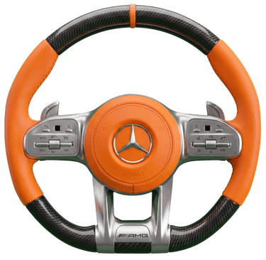 Custom Mercedes-AMG steering wheel featuring orange leather grips and carbon fiber trim.