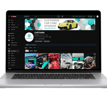 A laptop displaying the CARTAMIN YouTube channel focused on luxury car care and customization upgrades.