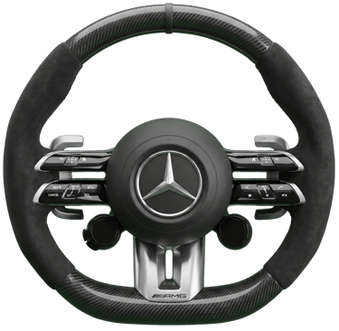 Mercedes-AMG performance steering wheel featuring carbon fiber, Alcantara grips, and integrated controls.