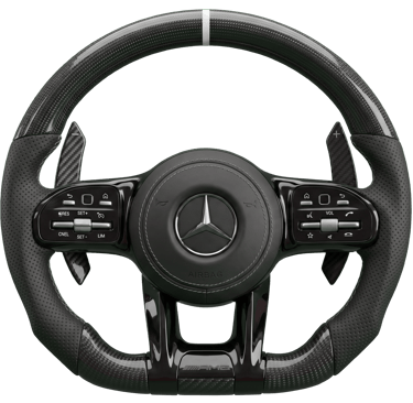 Mercedes-AMG carbon fiber performance steering wheel with paddle shifters and leather grips.
