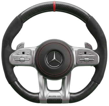 Mercedes-AMG carbon fiber and Alcantara steering wheel with red stitching and center stripe.