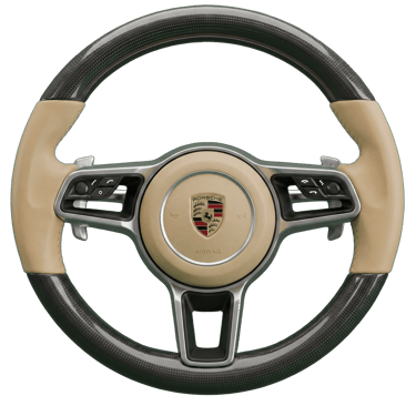 Custom Porsche steering wheel featuring carbon fiber trim and tan leather grips on a black background.