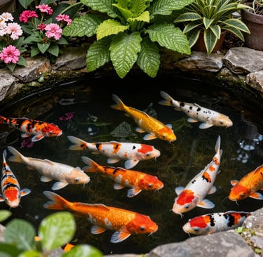 koi pond showing aquatic plants and flowers with fish swimming.  i want to see the entire pond.