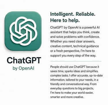 The app ChatGPT by OpenAI is an AI I use personally and recommend. A free subscription is available to start with
