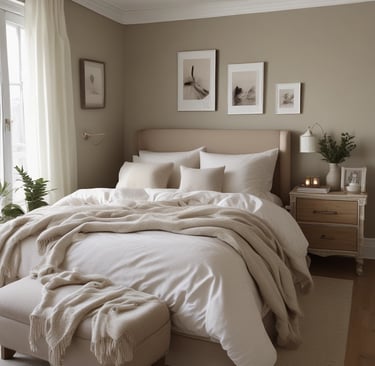 A cozy bedroom with soft cream bedding and warm beige accents, evoking restful sleep and relaxation.