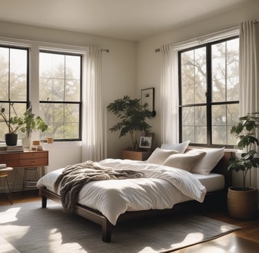 A serene morning scene with soft sunlight filtering through sage green leaves, evoking calm and balance.