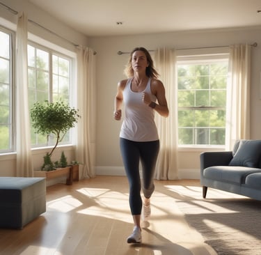 a woman in a white tank top slow jogging in a living room