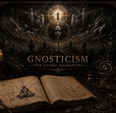 Gnosticism-themed dark fantasy art featuring an open ancient book, candles, a skull, and intricate cosmic diagrams.