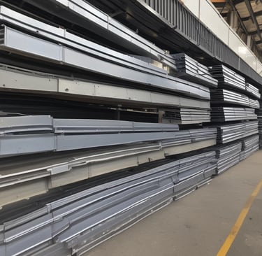 Photo of metal rods and sheets stacked neatly in a warehouse.
