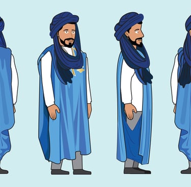 “Character turnaround of a man in traditional blue clothing — detailed character design illustration by Roberto Gonzalez.”