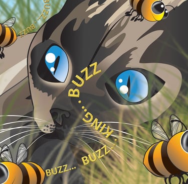 “Cartoon cat lying in the grass surrounded by buzzing bees - whimsical children’s illustration.”