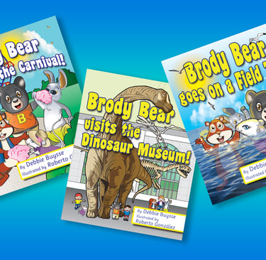 “Covers of three Brody Bear children’s books with colorful animal characters illustrated by Roberto Gonzalez.”